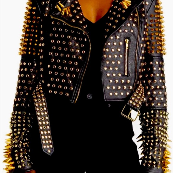 Azalea Wang Jackets & Blazers - Azalea Wang Black and Gold Vegan Leather Motorcycle Jacket with Studding
